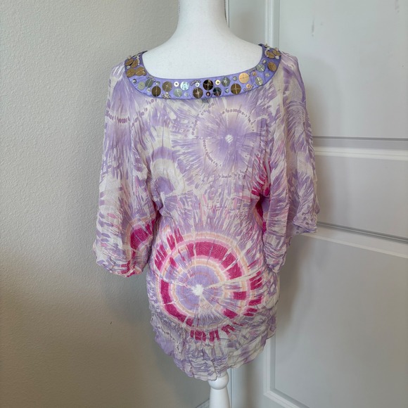 Bebe Silk Tie Dye Sequin V-Neck Tunic Top Purple Pink Kimono Sleeve Large - Picture 3 of 5